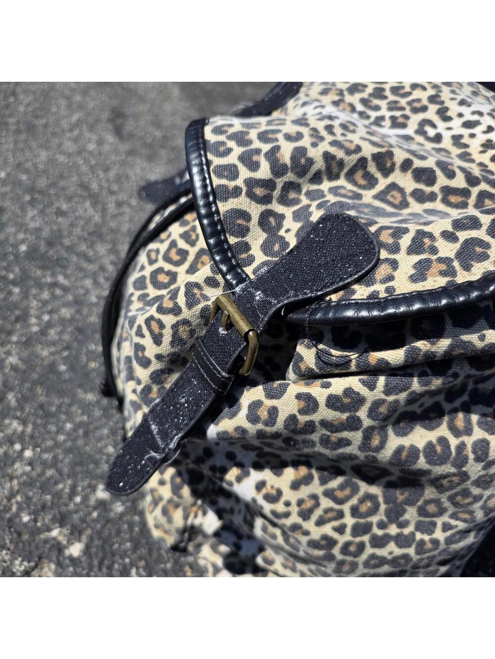 Leopard Print Vegan Leather Straps 90's Grunge Indie Sleaze Drawstring Backpack - Picture 5 of 8